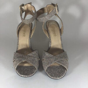 J. Renee Women's Kirkly Glitter and Suede Wedge Heel. Brown & Beige Size 7M